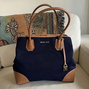 Michael Kors Navy and Brown Canvas Satchel